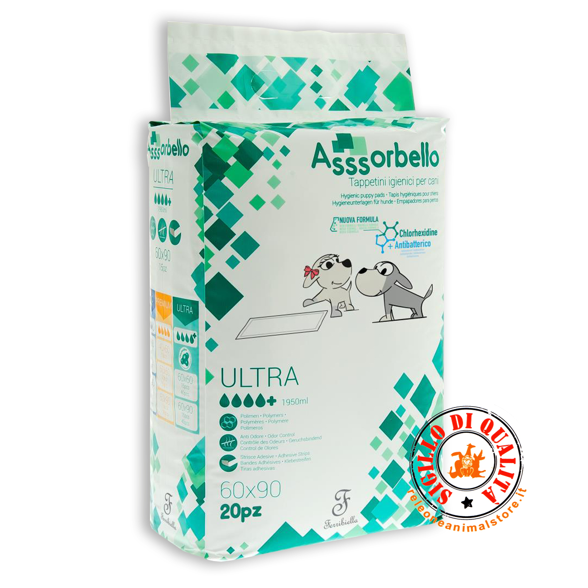 Tappetini Igienici Cane Antibatterici Clorexidina Super Assorbenti 60x90 20 pz