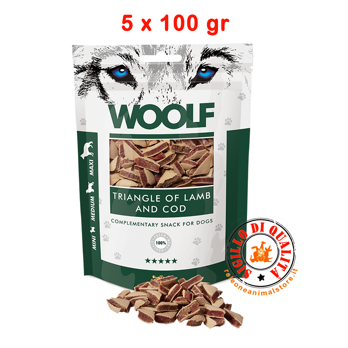 Snack per Cani Woolf Triangolini di Agnello e Merluzzo - 100gr - 5 pezzi