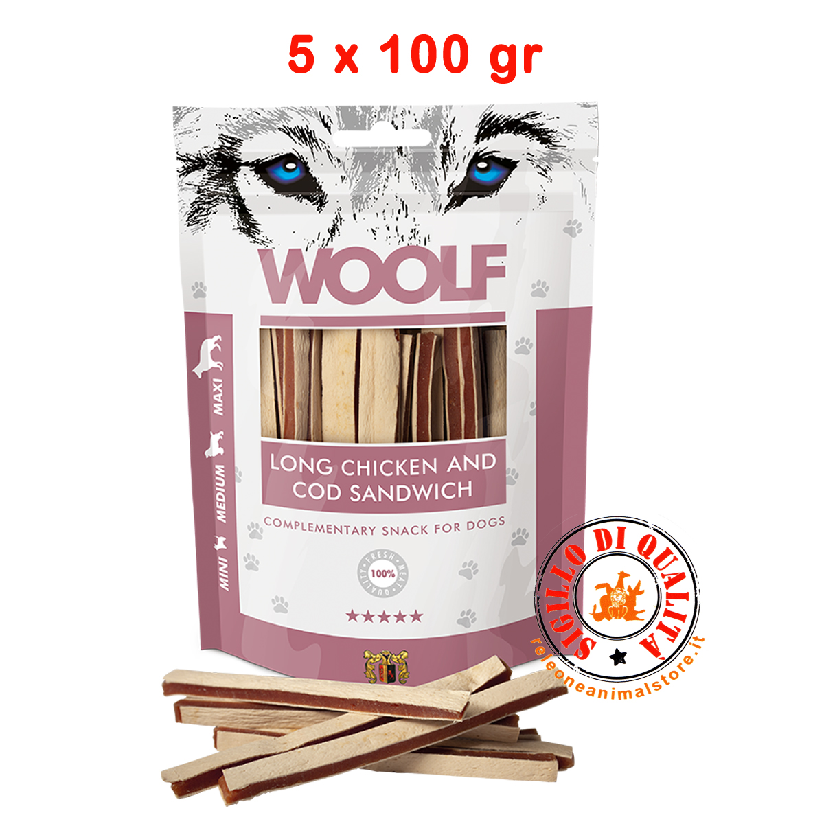 Snack per Cani Woolf Sandwich lungo di Pollo e Merluzzo - 100gr - 5 pezzi