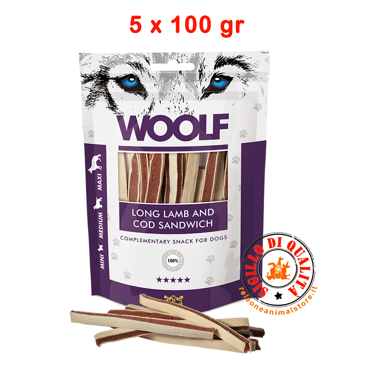 Snack per Cani Woolf Sandwich lungo di Agnello e Merluzzo - 100gr - 5 pezzi